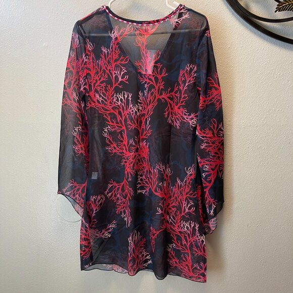 MODAPOSA Coral Print Beaded V-Neck Sheer Tunic  Beach Cover-Up flared sleeves - Picture 7 of 9